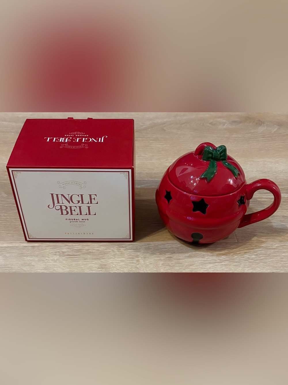 POTTERY BARN RED W/ GREEN BOW JINGLE BELL FIGURAL MUG W/ LID HOLIDAY NEW NIB